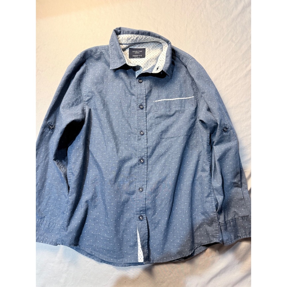 Level Ten Boys Blue Long Sleeve Button Down Shirt Micro Pattern Size‎ M 10-12